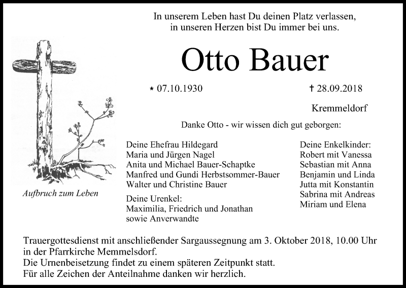  Traueranzeige für Otto Bauer vom 01.10.2018 aus MGO