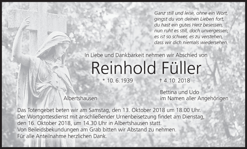  Traueranzeige für Reinhold Füller vom 13.10.2018 aus MGO