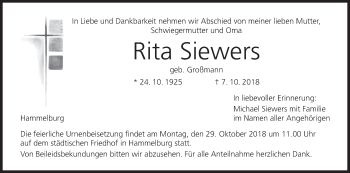 Anzeige von Rita Siewers von MGO