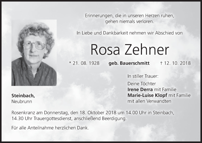  Traueranzeige für Rosa Zehner vom 16.10.2018 aus MGO