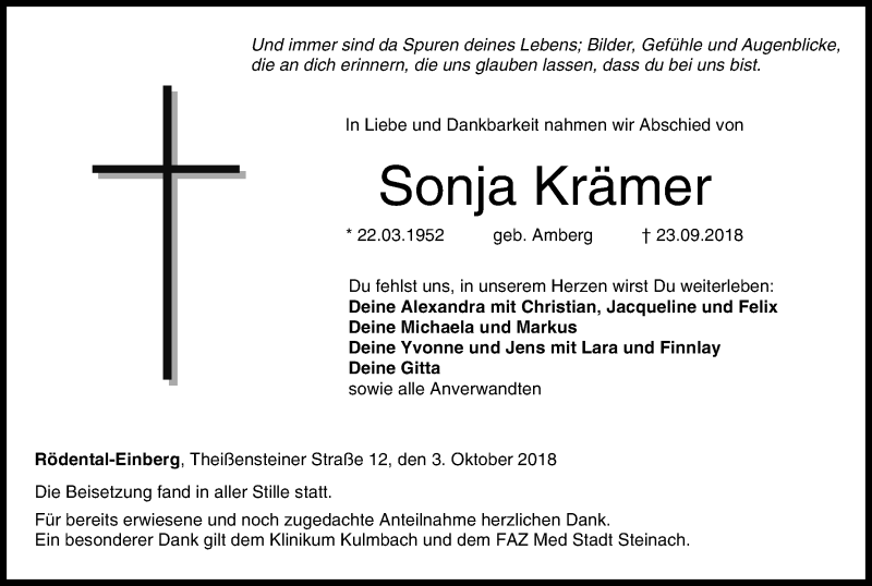  Traueranzeige für Sonja Krämer vom 03.10.2018 aus MGO