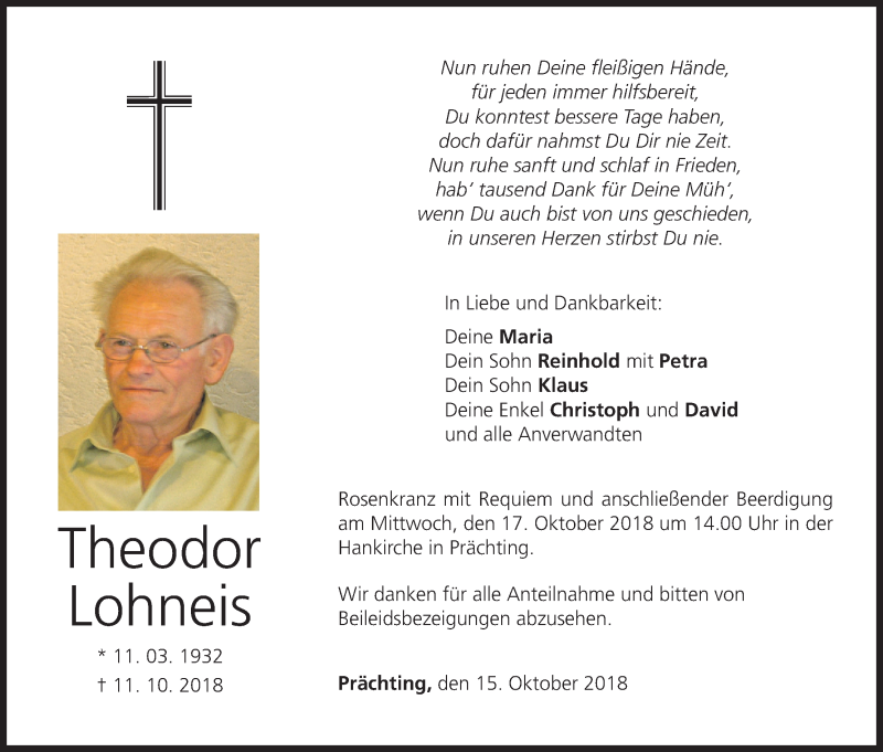  Traueranzeige für Theodor Lohneis vom 15.10.2018 aus MGO
