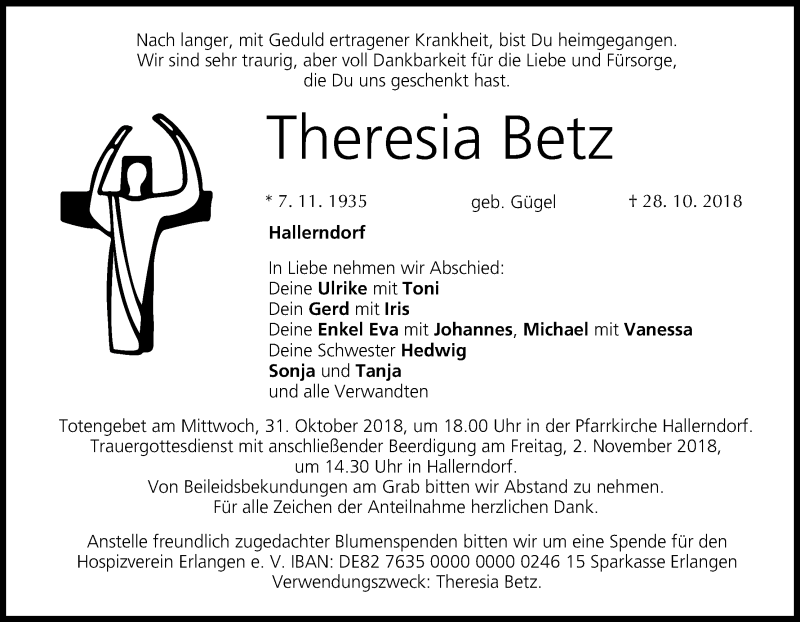  Traueranzeige für Theresia Betz vom 30.10.2018 aus MGO