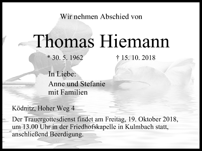 Traueranzeige für Thomas Hiemann vom 18.10.2018 aus MGO