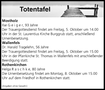 Anzeige von Totentafel vom 02.10.2018 von MGO