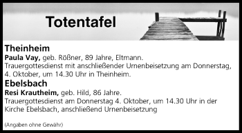 Anzeige von Totentafel vom 03.10.2018 von MGO