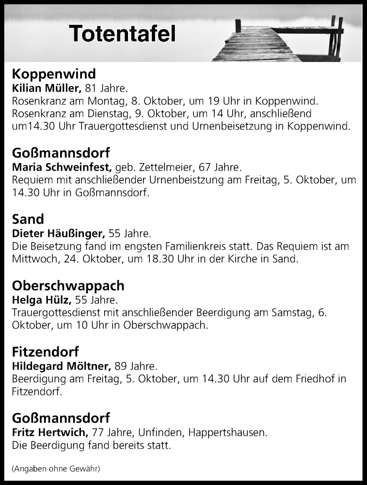  Traueranzeige für Totentafel vom 05.10.2018 vom 05.10.2018 aus MGO