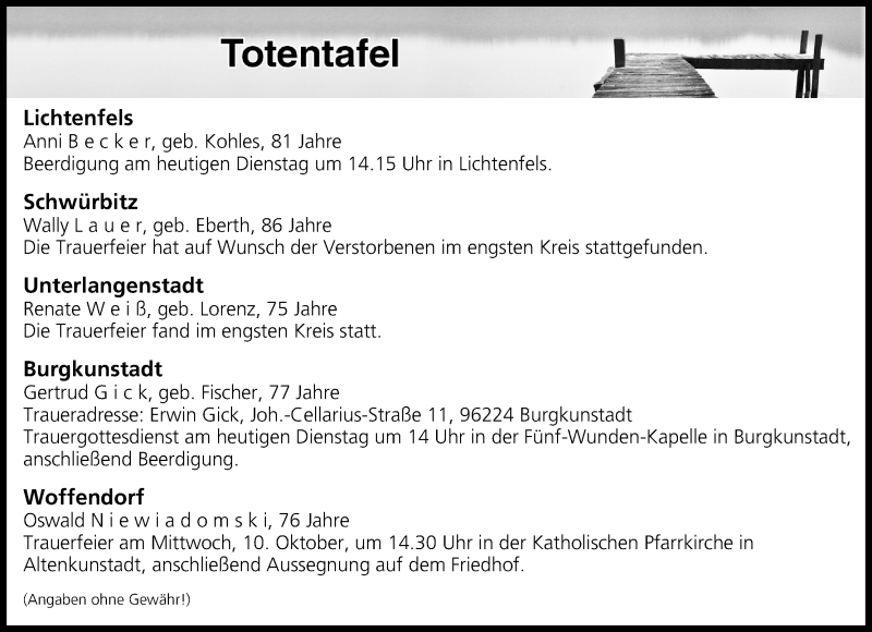  Traueranzeige für Totentafel vom 09.10.2018 vom 09.10.2018 aus MGO