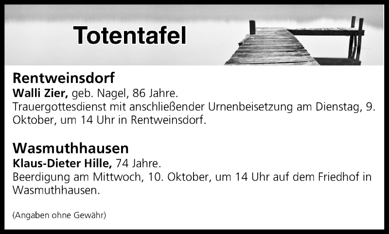  Traueranzeige für Totentafel vom 09.10.2018 vom 09.10.2018 aus MGO