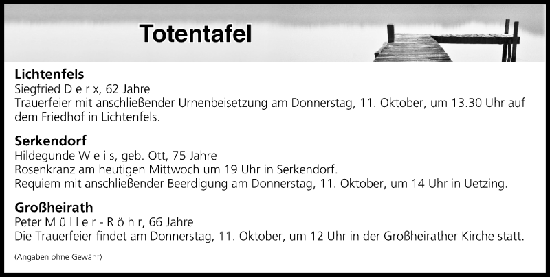 Traueranzeige für Totentafel vom 10.10.2018 vom 10.10.2018 aus MGO