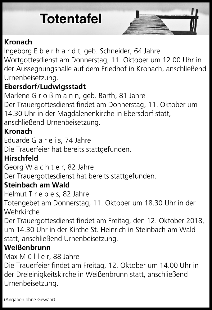 Traueranzeige für Totentafel vom 11.10.2018 vom 11.10.2018 aus MGO