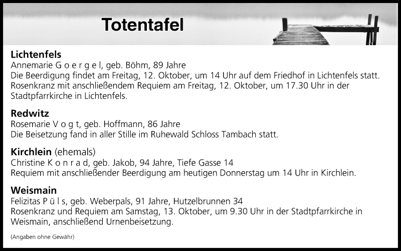  Traueranzeige für Totentafel vom 11.10.2018 vom 11.10.2018 aus MGO
