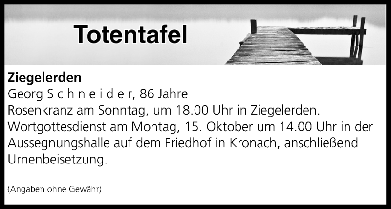  Traueranzeige für Totentafel vom 13.10.2018 vom 13.10.2018 aus MGO