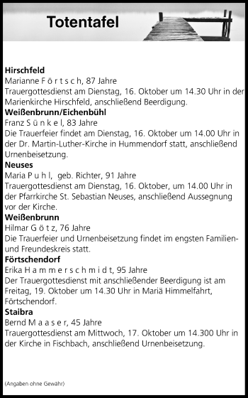 Anzeige von Totentafel vom 16.10.2018 von MGO
