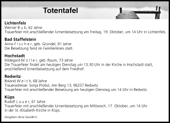 Anzeige von Totentafel vom 16.10.2018 von MGO