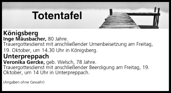 Anzeige von Totentafel vom 19.10.2018 von MGO