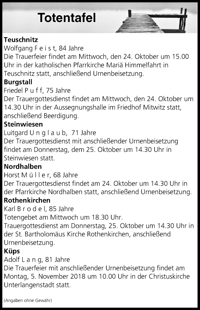  Traueranzeige für Totentafel vom 23.10.2018 vom 23.10.2018 aus MGO