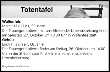 Anzeige von Totentafel vom 26.10.2018 von MGO