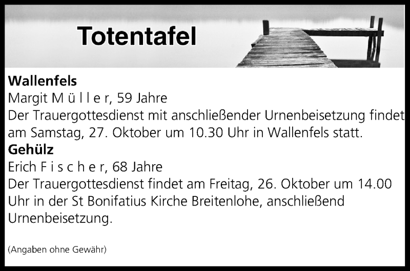  Traueranzeige für Totentafel vom 26.10.2018 vom 26.10.2018 aus MGO