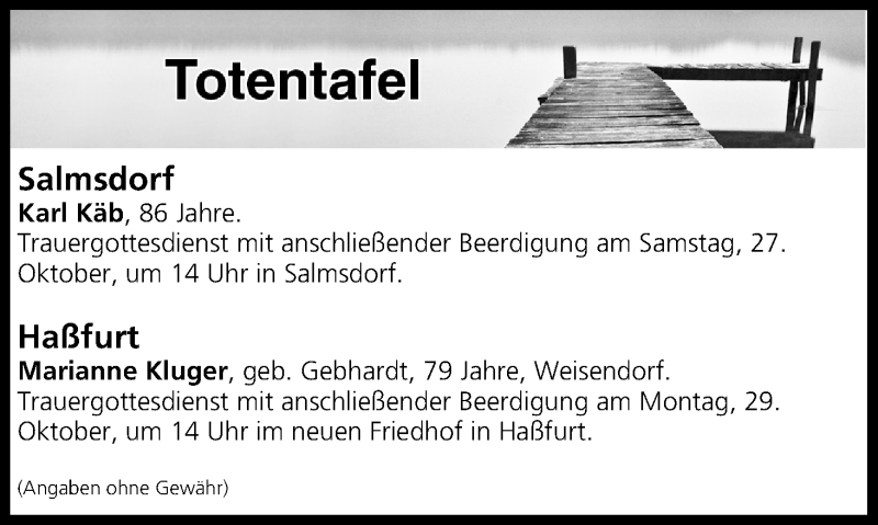  Traueranzeige für Totentafel vom 27.10.2018 vom 27.10.2018 aus MGO
