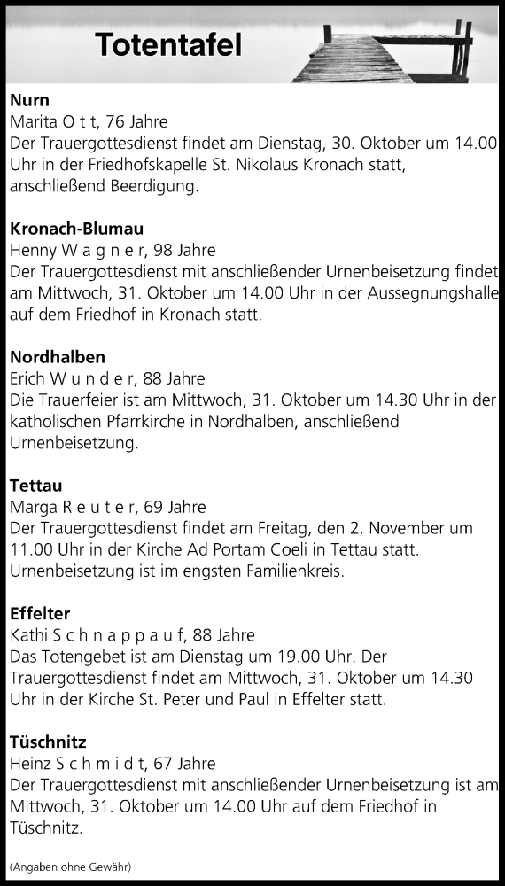  Traueranzeige für Totentafel vom 30.10.2018 vom 30.10.2018 aus MGO