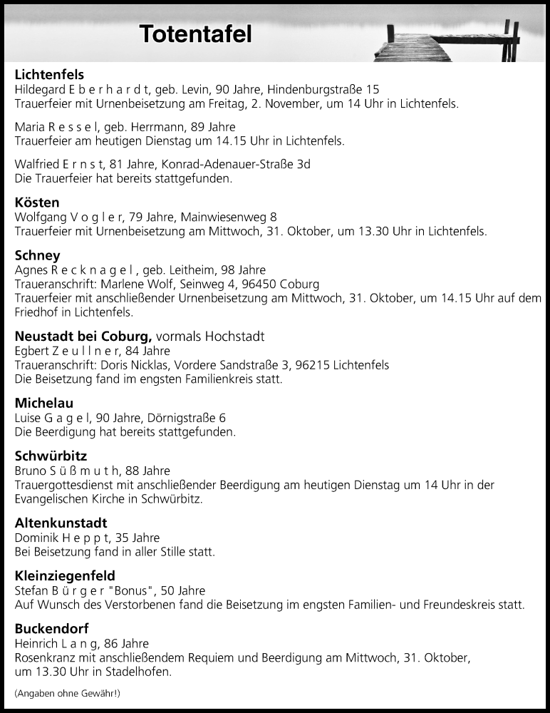  Traueranzeige für Totentafel vom 30.10.2018 vom 30.10.2018 aus MGO