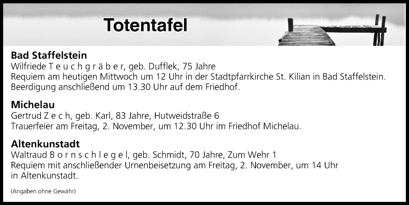  Traueranzeige für Totentafel vom 31.10.2018 vom 31.10.2018 aus MGO