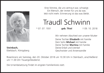 Anzeige von Traudl Schwinn von MGO