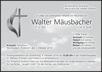 Anzeige von Walter Mäusbacher von MGO