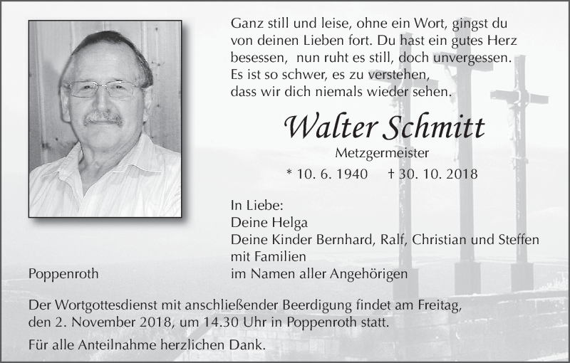  Traueranzeige für Walter Schmitt vom 31.10.2018 aus MGO