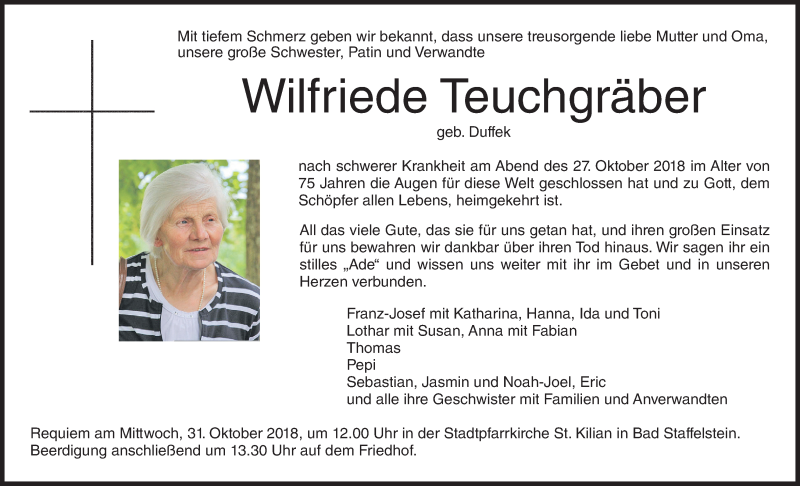  Traueranzeige für Wilfriede Teuchgräber vom 30.10.2018 aus MGO