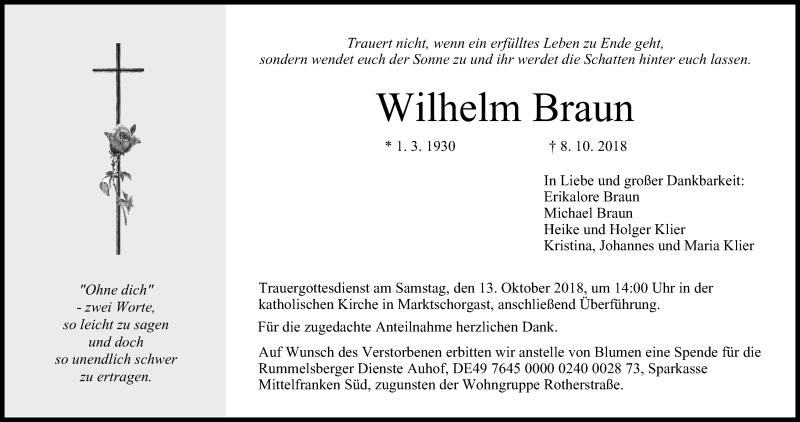  Traueranzeige für Wilhelm Braun vom 10.10.2018 aus MGO