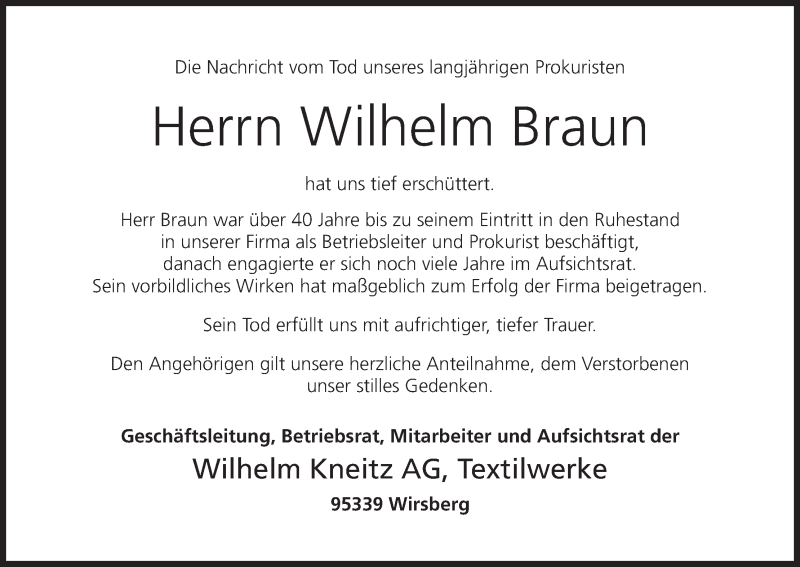  Traueranzeige für Wilhelm Braun vom 12.10.2018 aus MGO