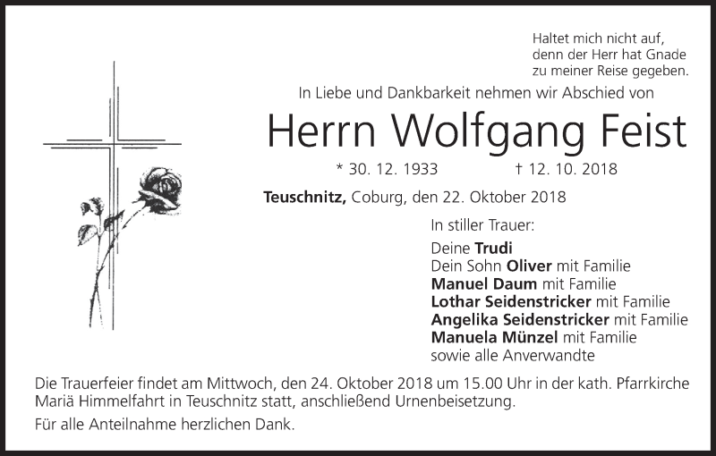  Traueranzeige für Wolfgang Feist vom 22.10.2018 aus MGO