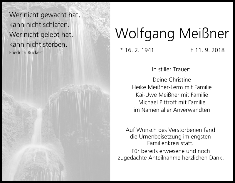  Traueranzeige für Wolfgang Meißner vom 06.10.2018 aus MGO