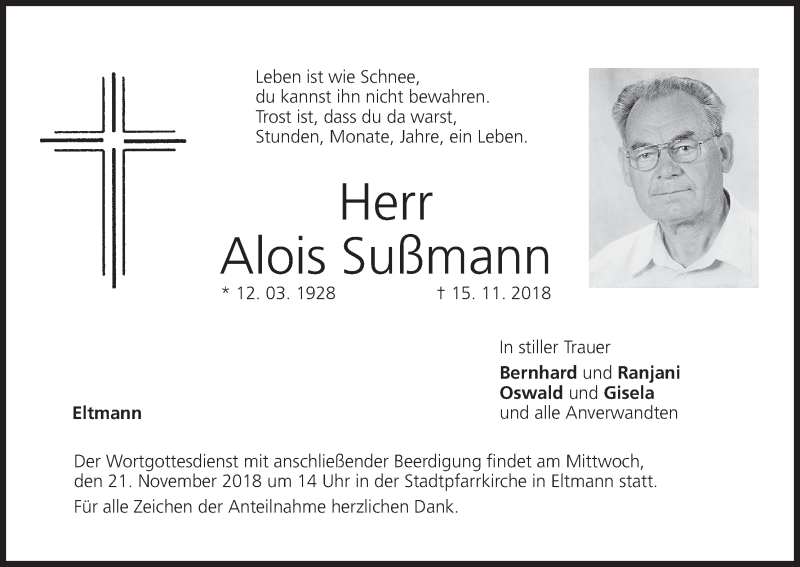  Traueranzeige für Alois Sußmann vom 20.11.2018 aus MGO