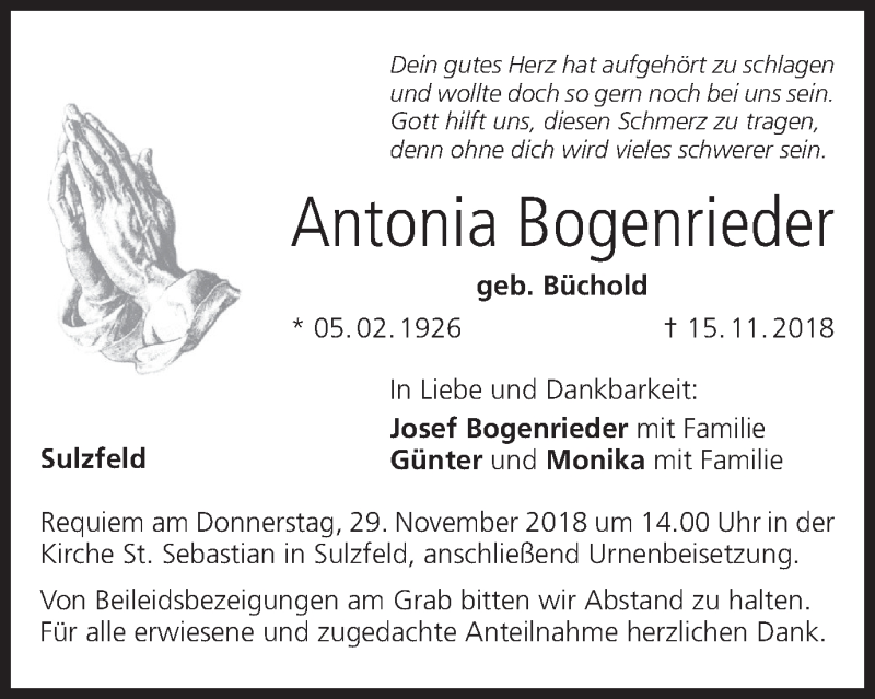  Traueranzeige für Antonia Bogenrieder vom 24.11.2018 aus MGO