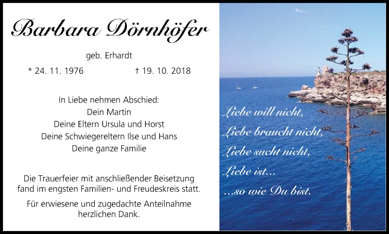  Traueranzeige für Barbara Dörnhöfer vom 17.11.2018 aus MGO