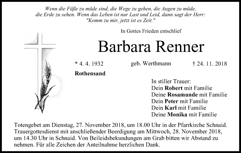  Traueranzeige für Barbara Renner vom 26.11.2018 aus MGO