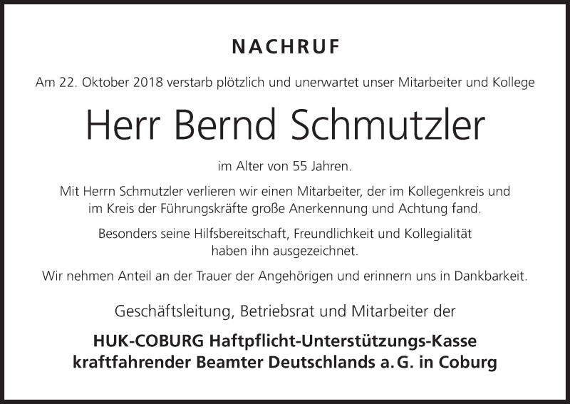  Traueranzeige für Bernd Schmutzler vom 06.11.2018 aus MGO
