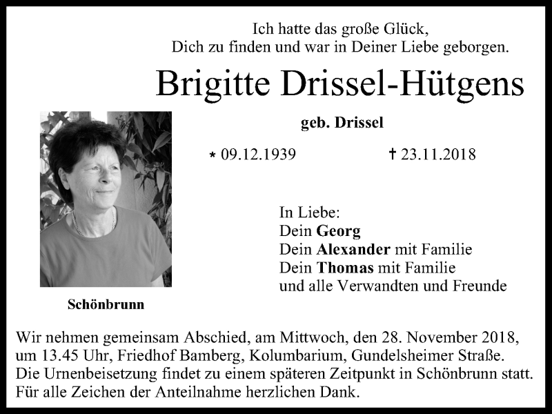  Traueranzeige für Brigitte Drissel-Hütgens vom 27.11.2018 aus MGO