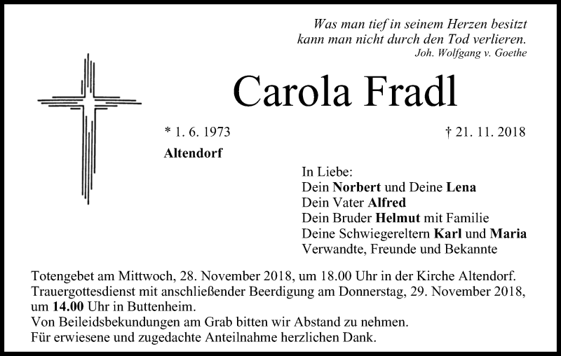  Traueranzeige für Carola Fradl vom 26.11.2018 aus MGO