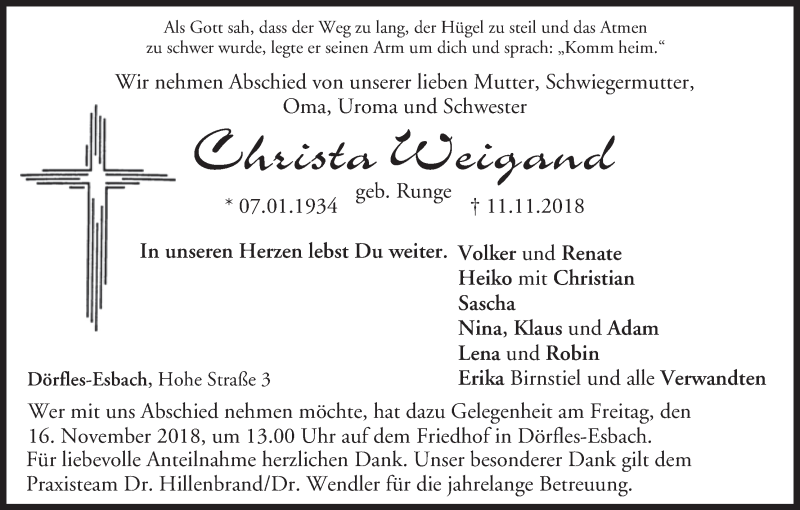  Traueranzeige für Christa Weigand vom 14.11.2018 aus MGO