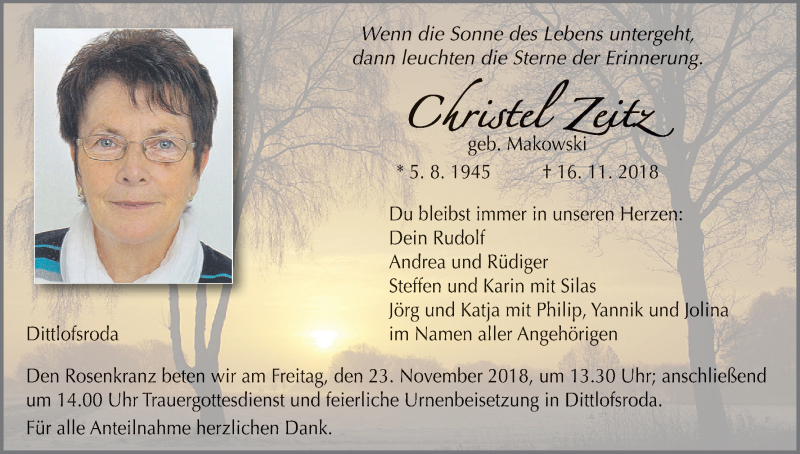  Traueranzeige für Christel Zeitz vom 19.11.2018 aus MGO