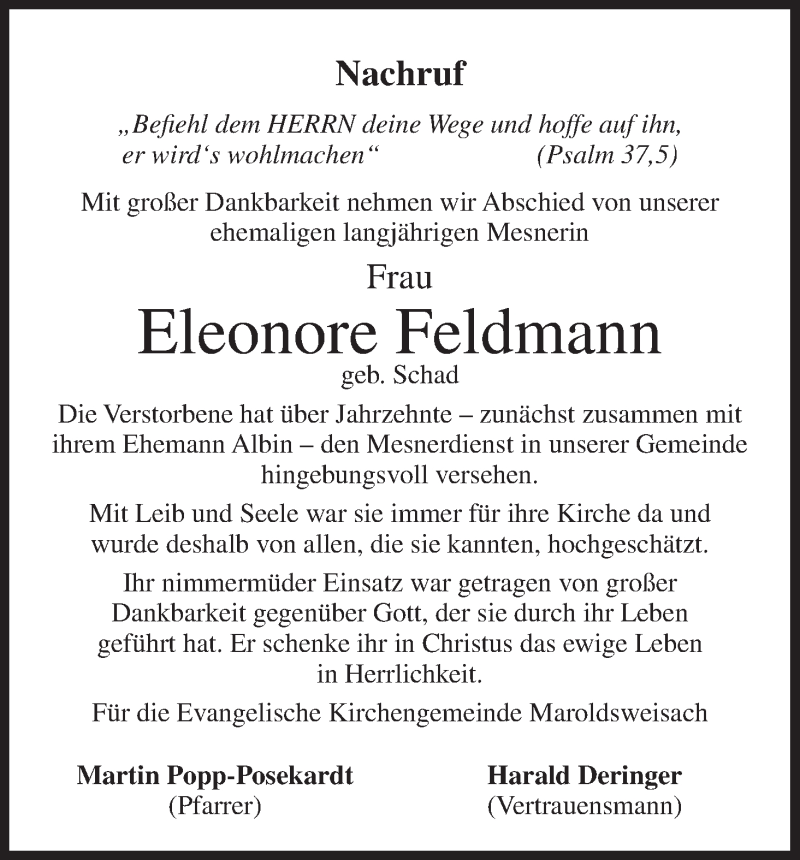  Traueranzeige für Eleonore Feldmann vom 28.11.2018 aus MGO
