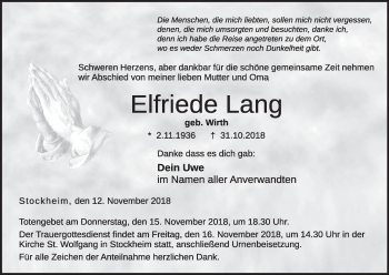 Anzeige von Elfriede Lang von MGO