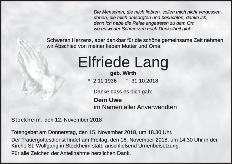  Traueranzeige für Elfriede Lang vom 12.11.2018 aus MGO