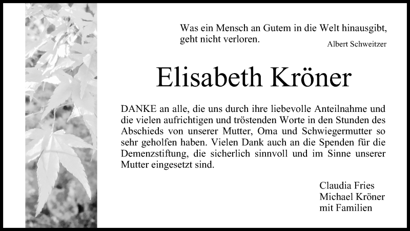  Traueranzeige für Elisabeth Kröner vom 17.11.2018 aus MGO