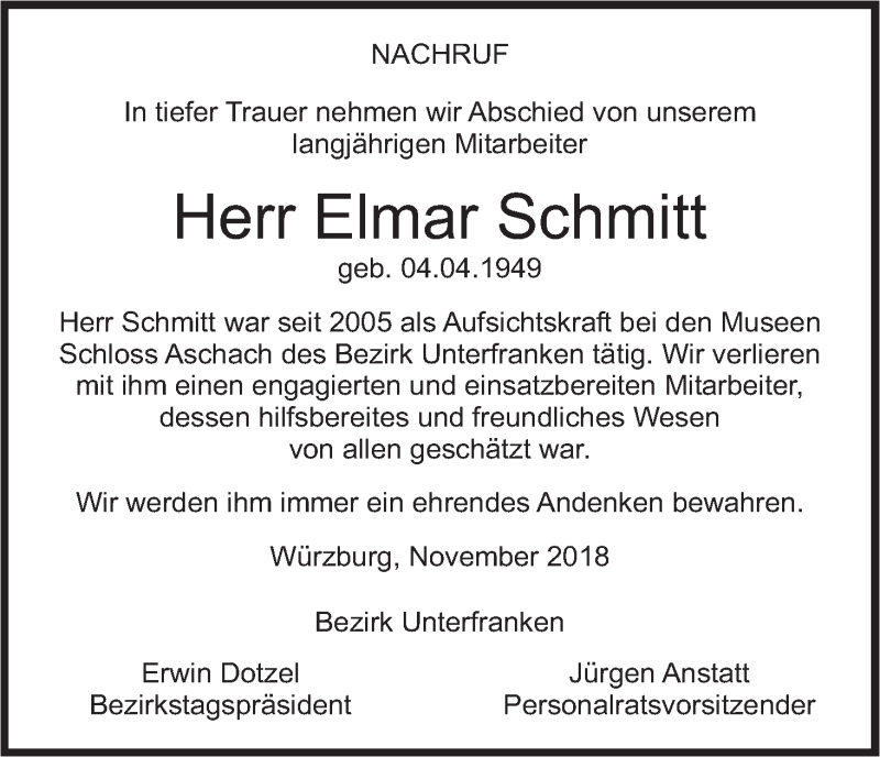  Traueranzeige für Elmar Schmitt vom 01.11.2018 aus MGO