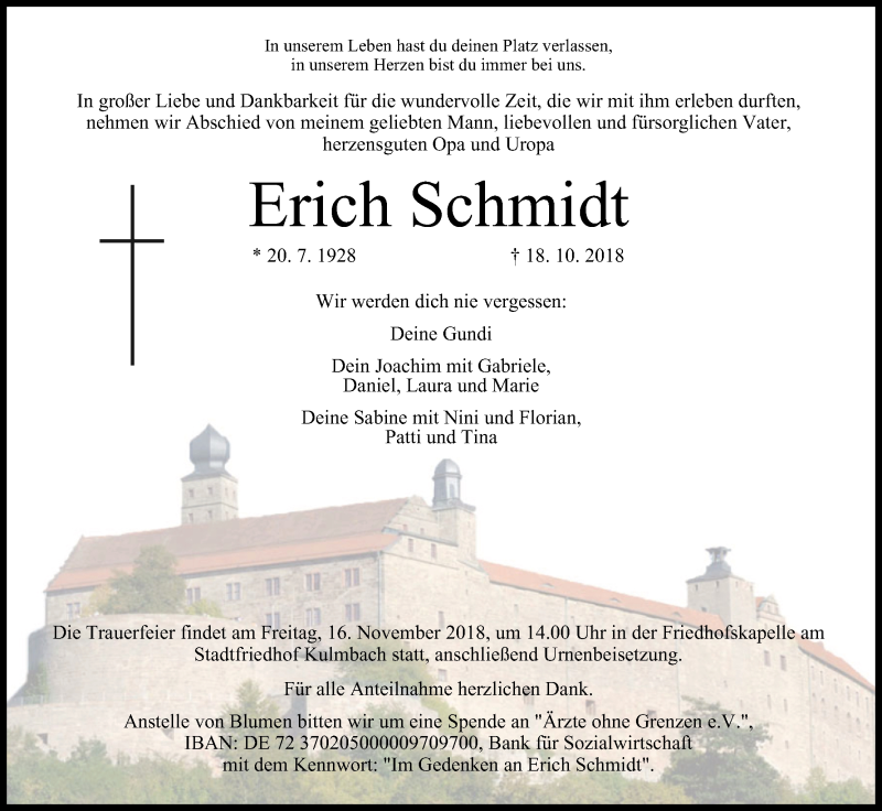  Traueranzeige für Erich Schmidt vom 10.11.2018 aus MGO